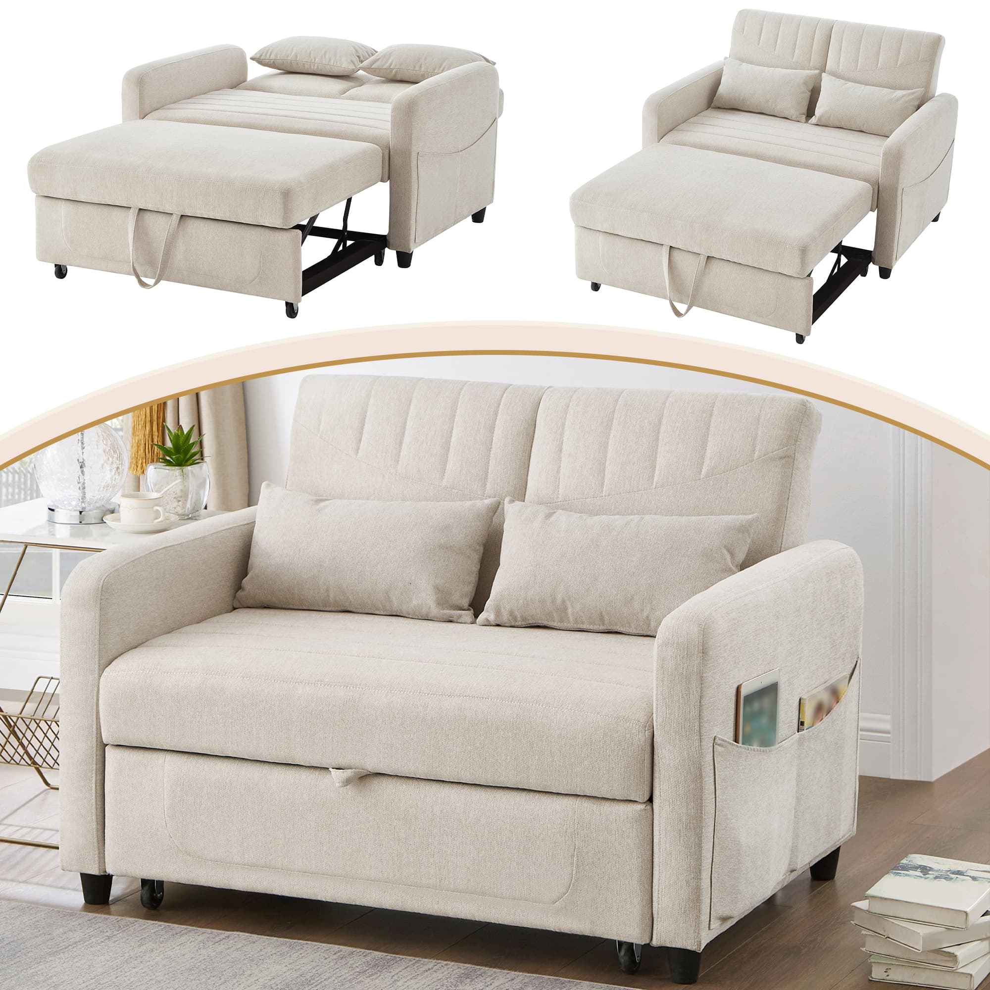 Sofa Bed With Sleeping Function  Two-Seater Fold-Out Sofa, Pull-Out Design, Simple And Modern, Contemporary Style, Three-Level Adjustable Backrest, Breathable Cotton-Linen Fabric 2