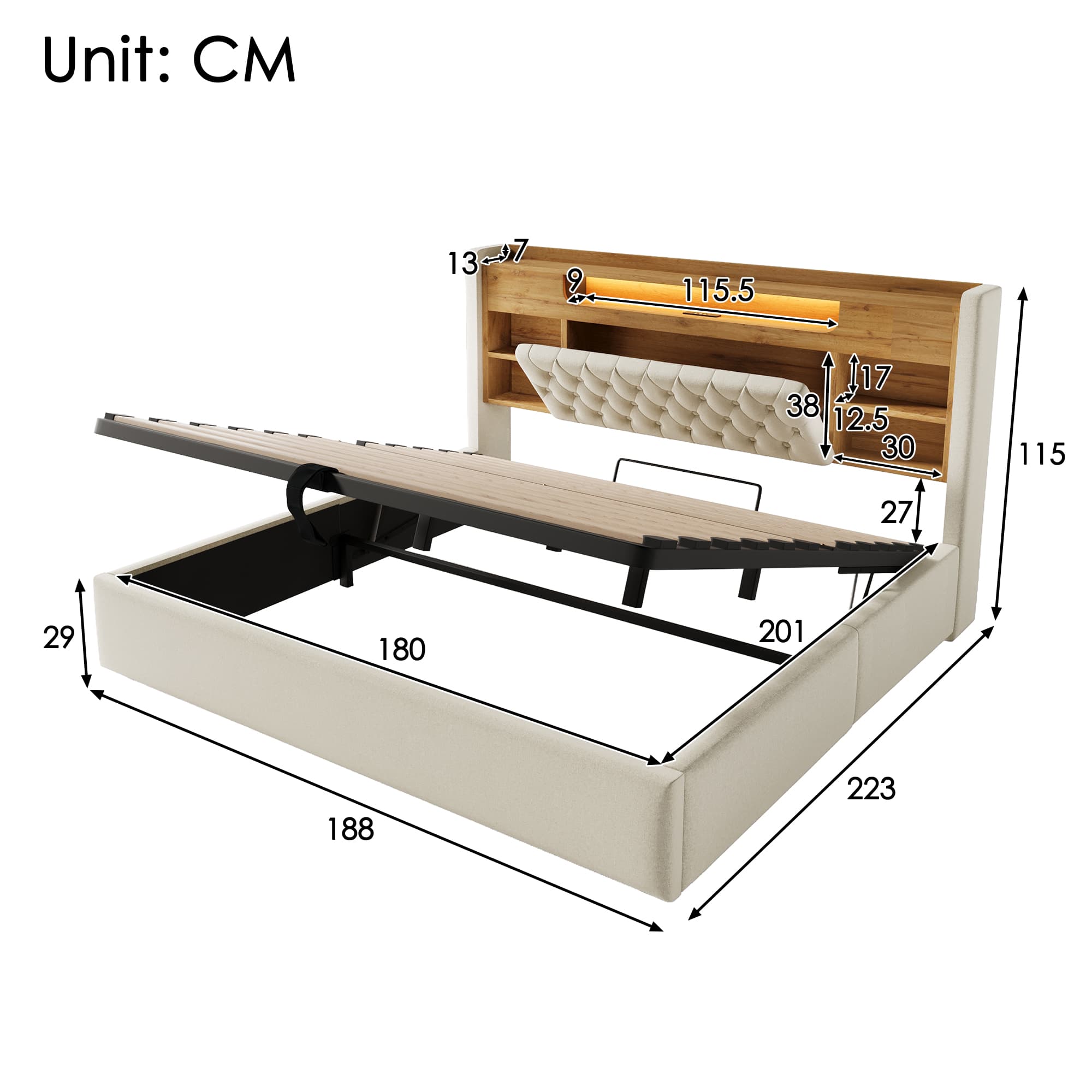 6ft Super King Bed With Hydraulic Storage, Upholstered Bed Frame With LED Lighting & Charging Station, Storage Headboard For Cellphones & Tablets, 180 X 200 Cm, Linen, Beige  No Mattress