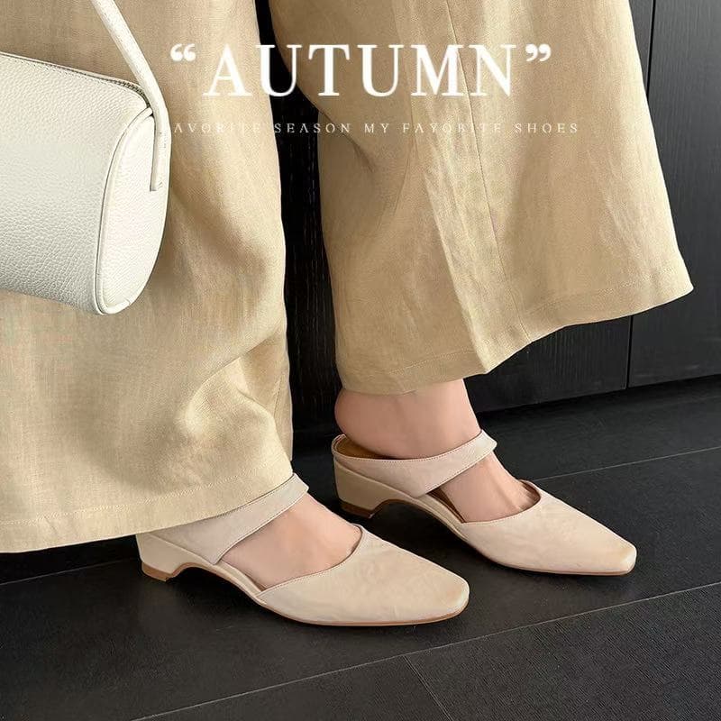 Women's Handmade Washed Leather Mary Jane Mules, Square Toe Mid Heel Slip-On Slides With Pigskin Lining 4