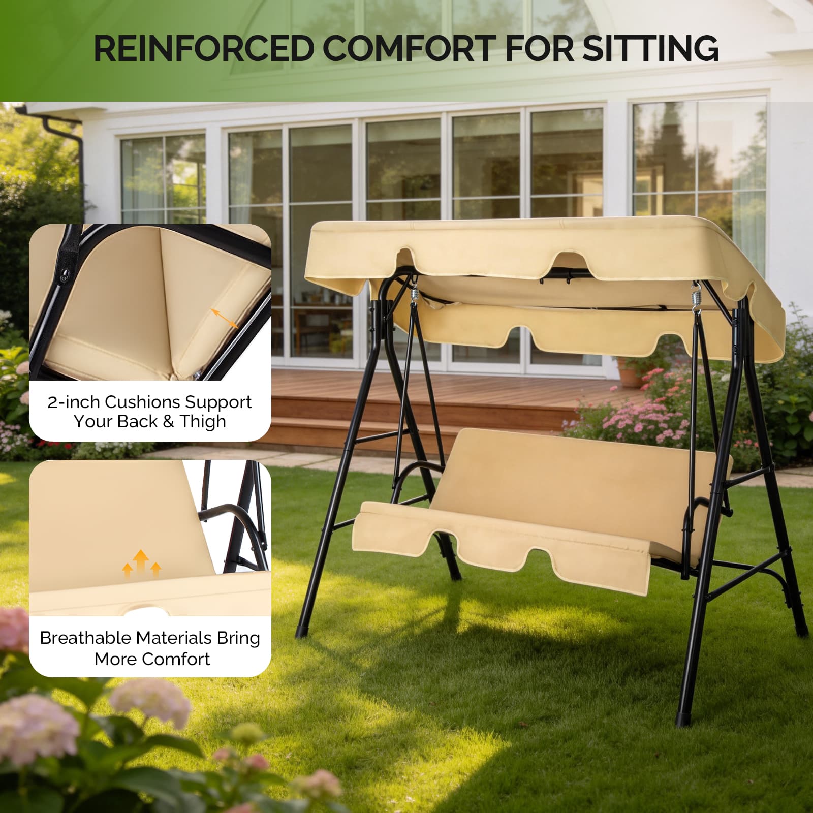 Outdoor Patio Swing Chair Set With Canopy, 3-Person Iron Frame Swing With Soft Cushions, 550lbs Capacity, Oxford Fabric, Khaki, Easy Assembly 7