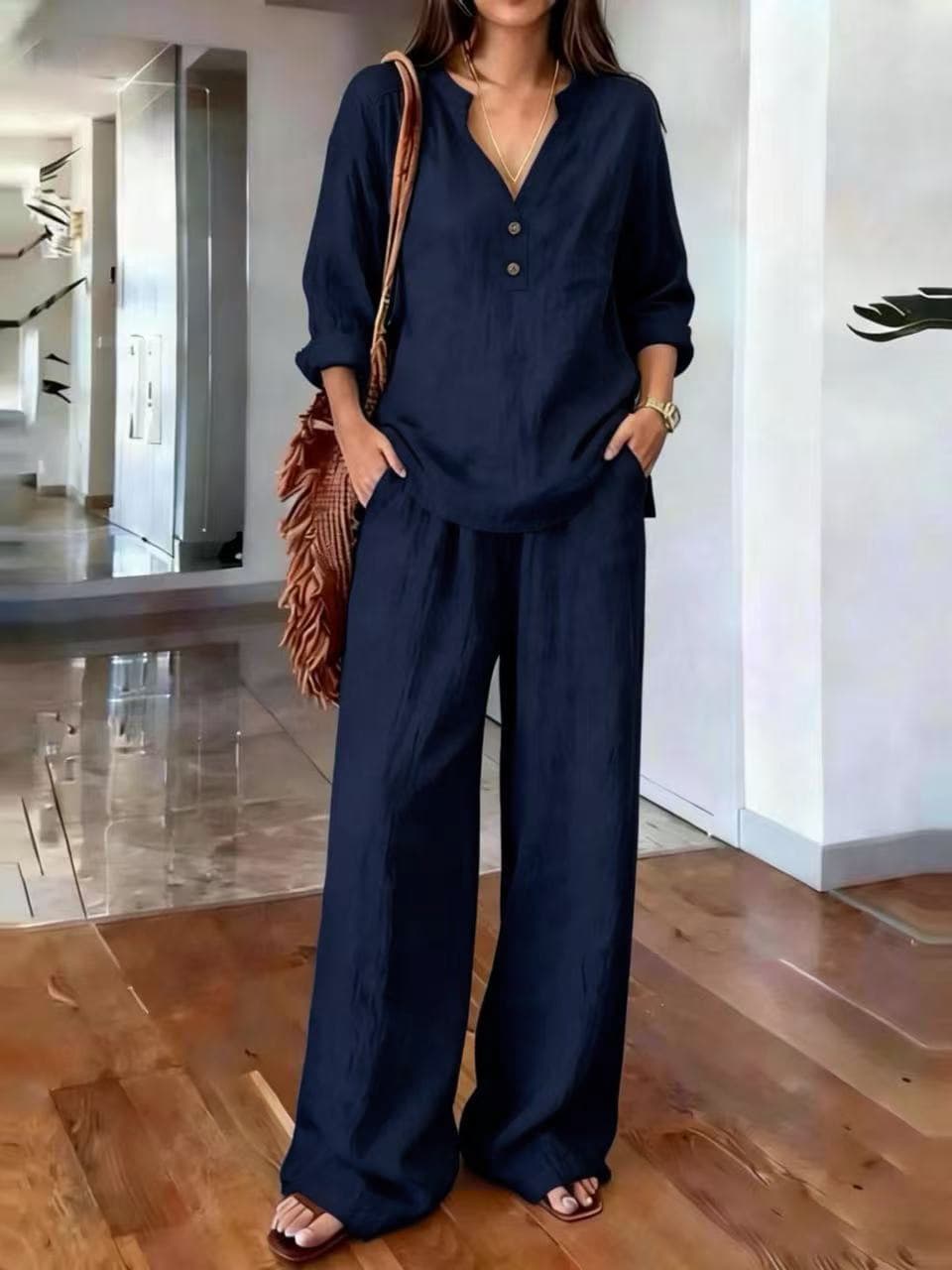 V Neck 2 Button Long Sleeve Top & Wide Leg Pants Two Piece Loungewear Set 7