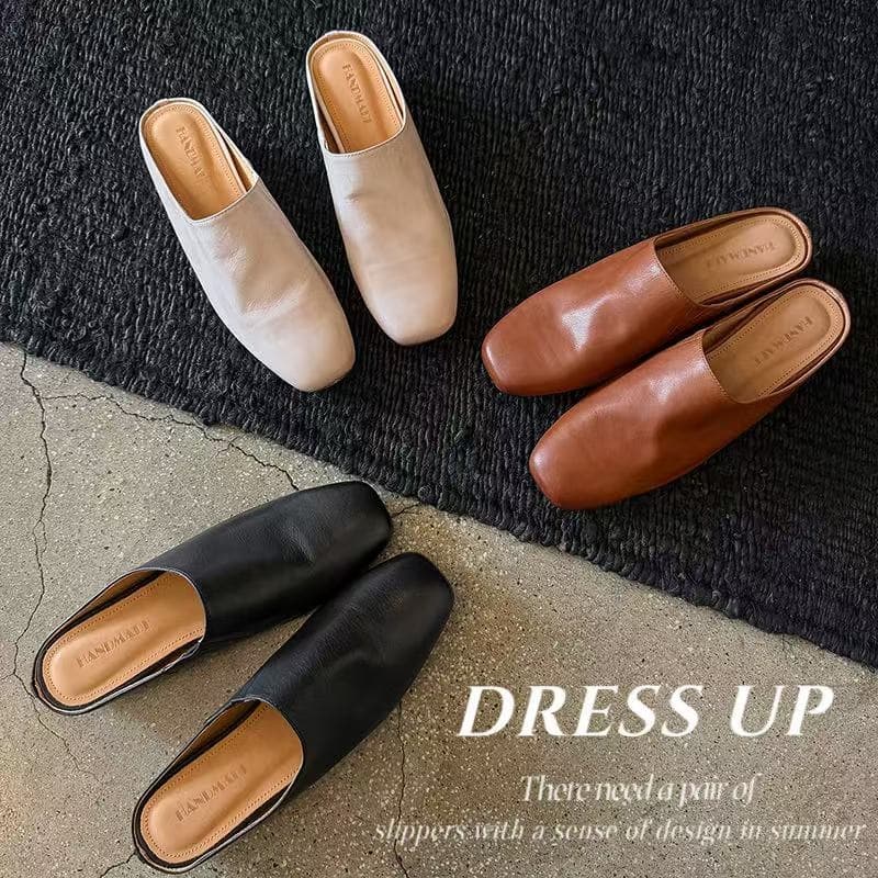 Women's Handmade Full-Grain Sheepskin Closed-Toe Mules, Square Toe Slip-On Flat Slides 8