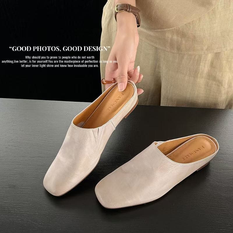 Women's Handmade Full-Grain Sheepskin Closed-Toe Mules, Square Toe Slip-On Flat Slides 9