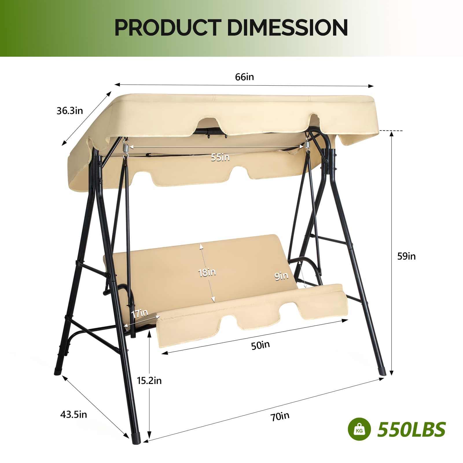 Outdoor Patio Swing Chair Set With Canopy, 3-Person Iron Frame Swing With Soft Cushions, 550lbs Capacity, Oxford Fabric, Khaki, Easy Assembly