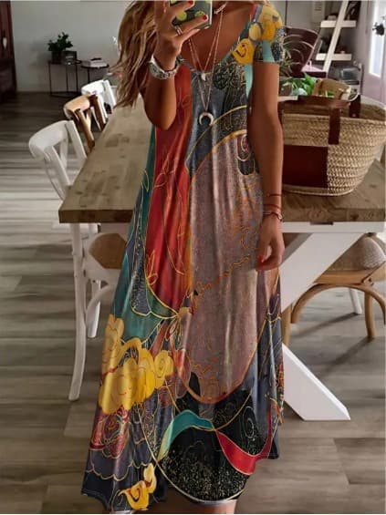 2026 Summer New Arrival, Slim Fit Short Sleeve Dress, Butterfly Print, Low-cut V-neck Camisole & Full Swing Long Skirt 4