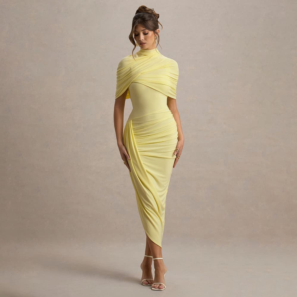 High Neck Cape Sleeve Ruched Bodycon Midi Dress 3