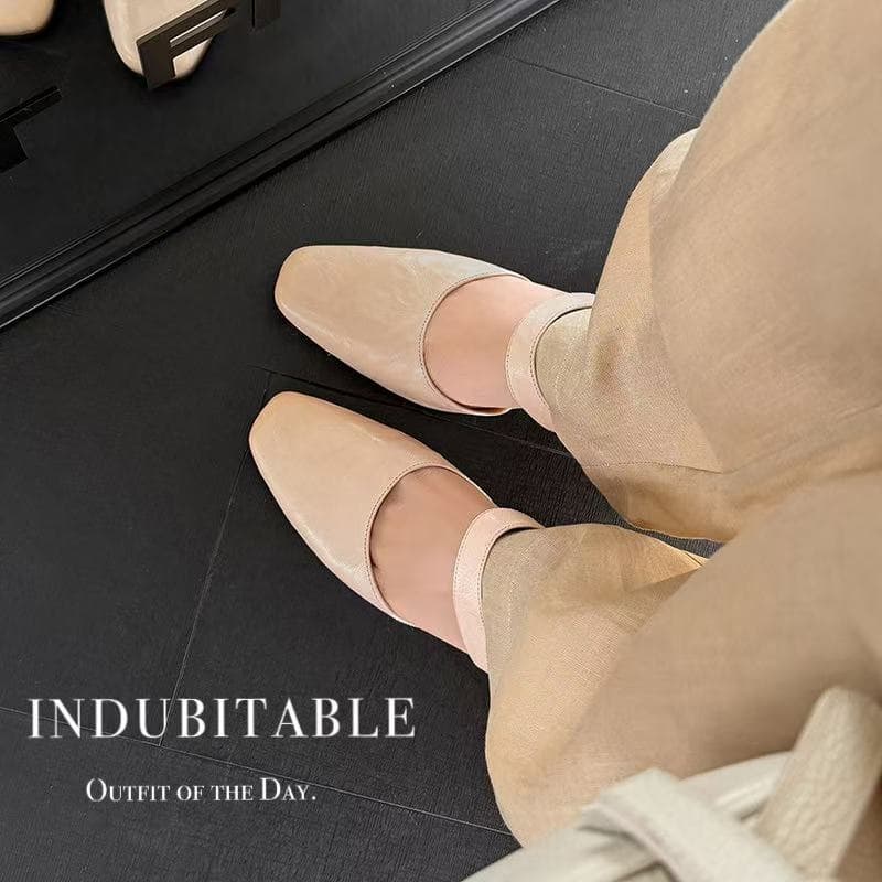 Women's Handmade Washed Leather Mary Jane Mules, Square Toe Mid Heel Slip-On Slides With Pigskin Lining 9