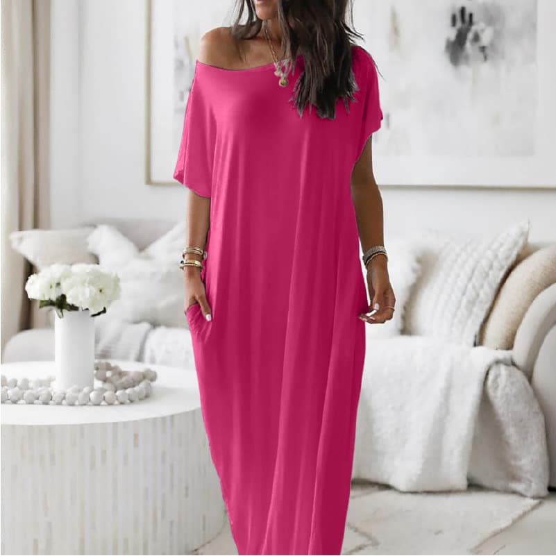 Off Shoulder Short Sleeve Pocket Loose Flowy Maxi Dress 8
