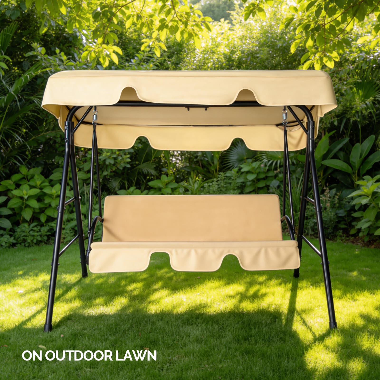 Outdoor Patio Swing Chair Set With Canopy, 3-Person Iron Frame Swing With Soft Cushions, 550lbs Capacity, Oxford Fabric, Khaki, Easy Assembly 9
