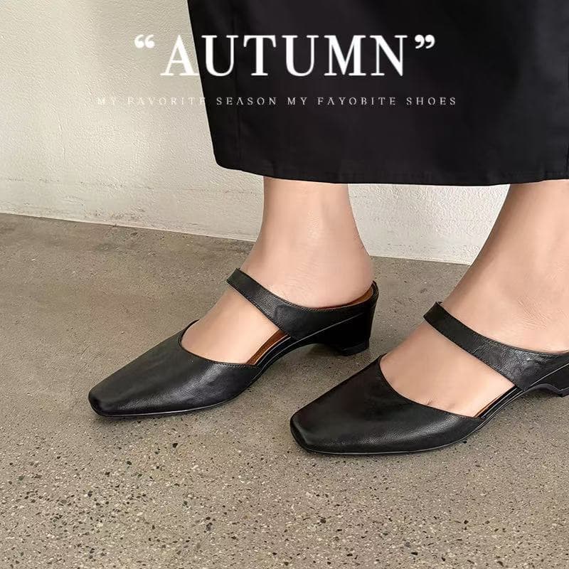 Women's Handmade Washed Leather Mary Jane Mules, Square Toe Mid Heel Slip-On Slides With Pigskin Lining 2
