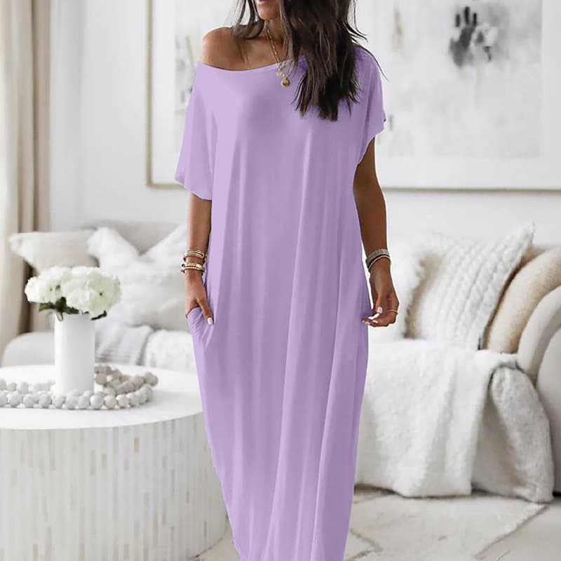 Off Shoulder Short Sleeve Pocket Loose Flowy Maxi Dress 6