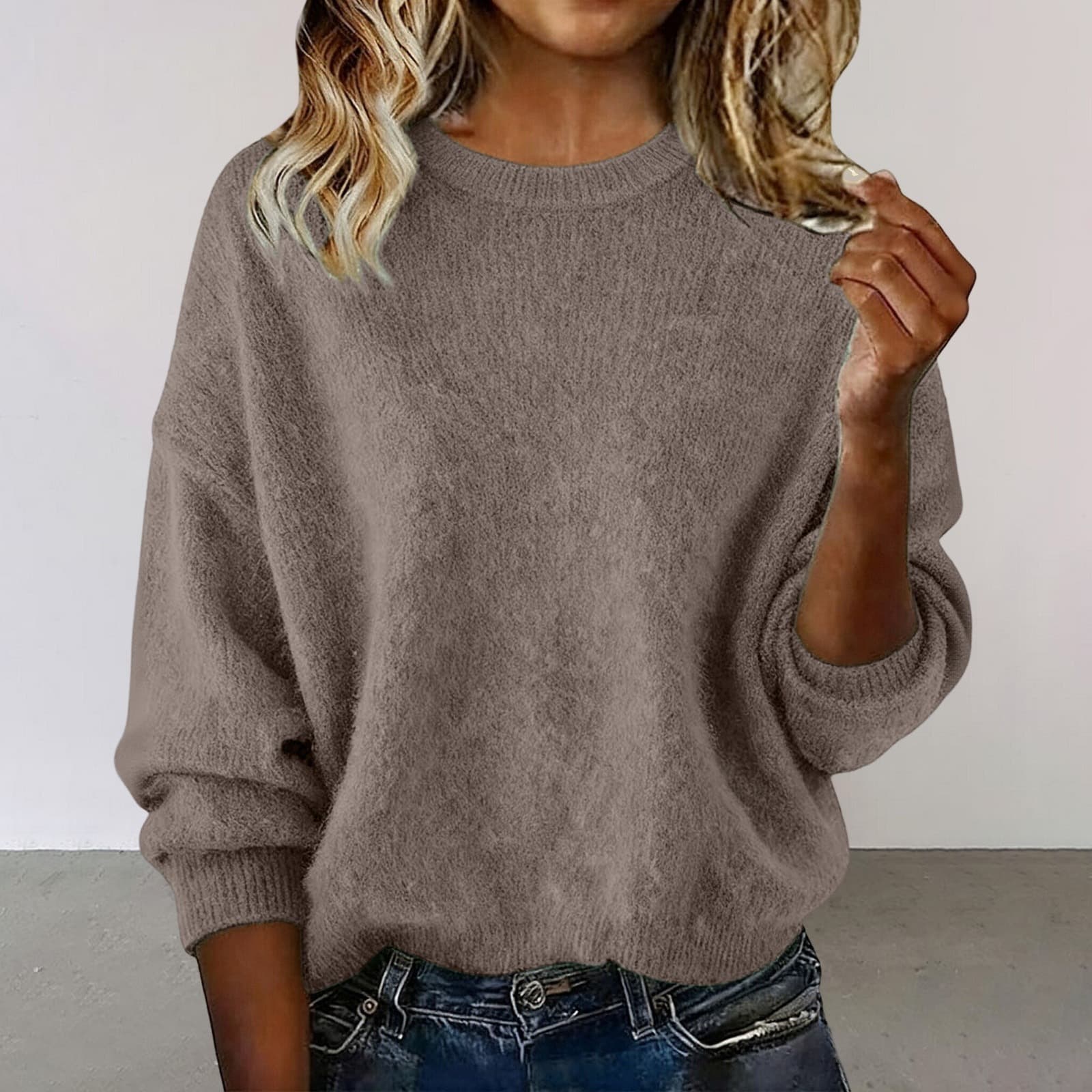 Women's New Arrival Solid Color Crew Neck Sweater, Fashion Loose Casual Knitwear For Autumn 13