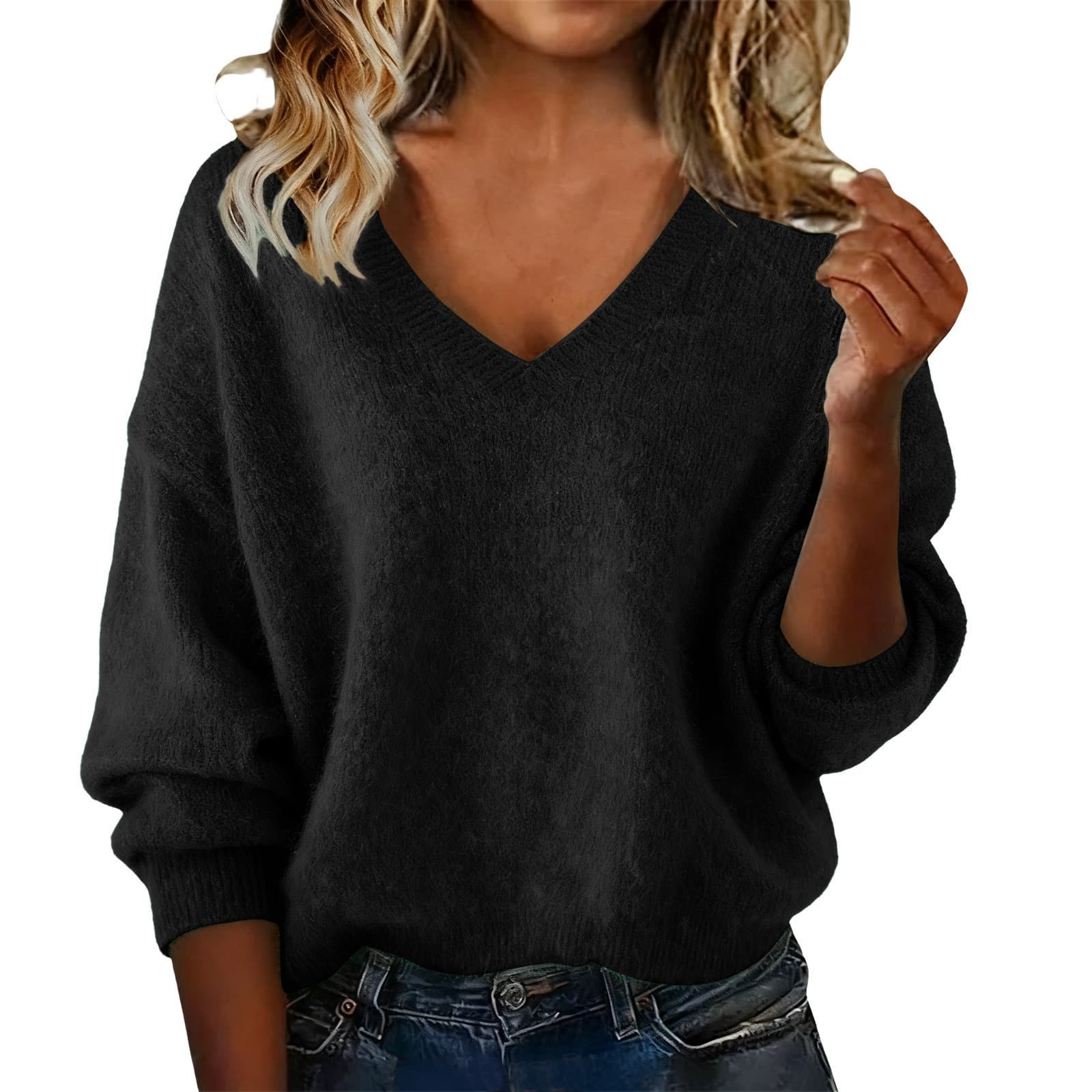 Women's New Autumn & Winter Solid Color V-neck Long Sleeve Knit Sweater, Loose Casual Tops 2