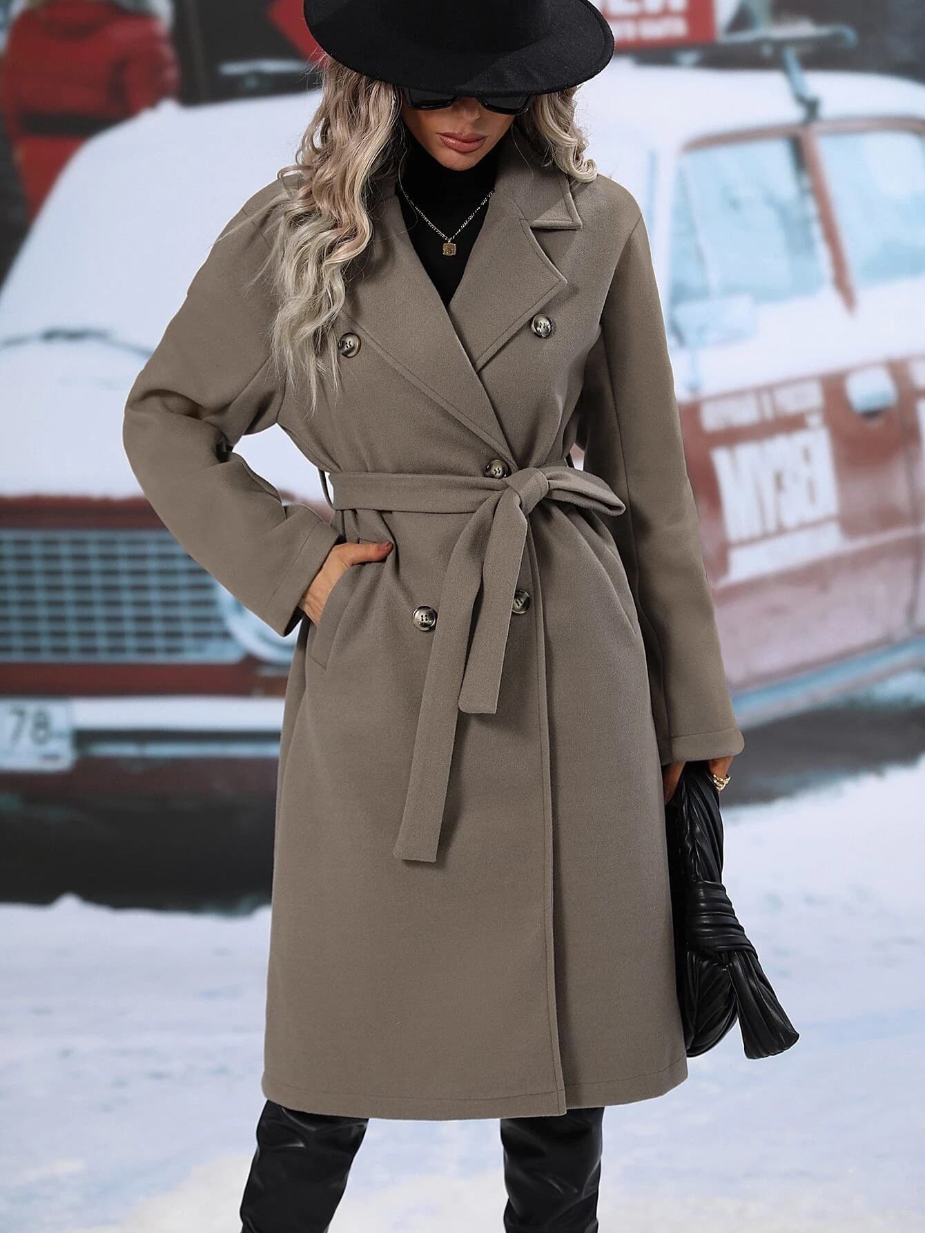 New Solid Color Lapel Thickened Woolen Coat, Long Double-breasted Jacket With Waist Tie For Spring