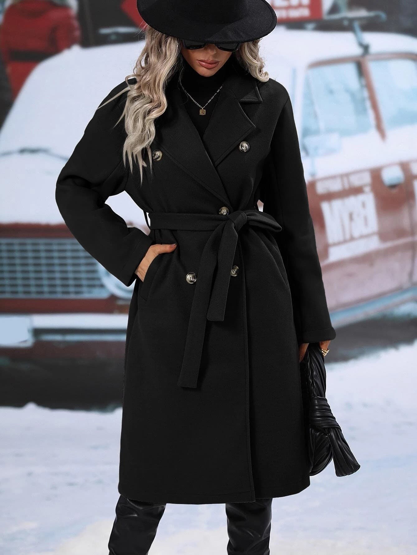 New Solid Color Lapel Thickened Woolen Coat, Long Double-breasted Jacket With Waist Tie For Spring 5