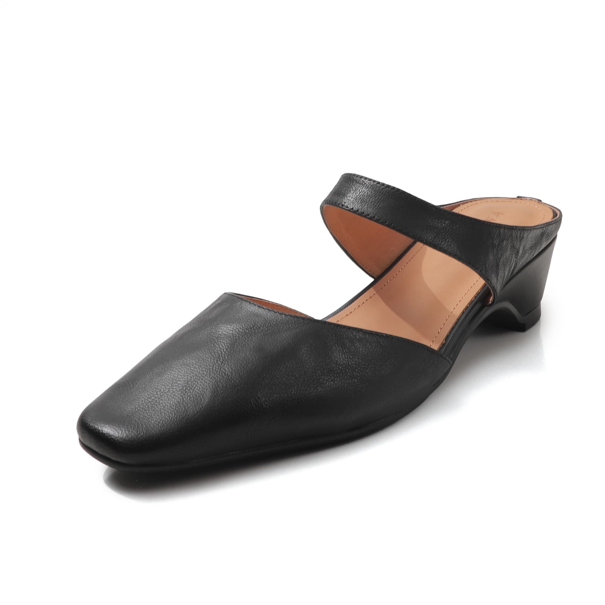 Women's Handmade Washed Leather Mary Jane Mules, Square Toe Mid Heel Slip-On Slides With Pigskin Lining