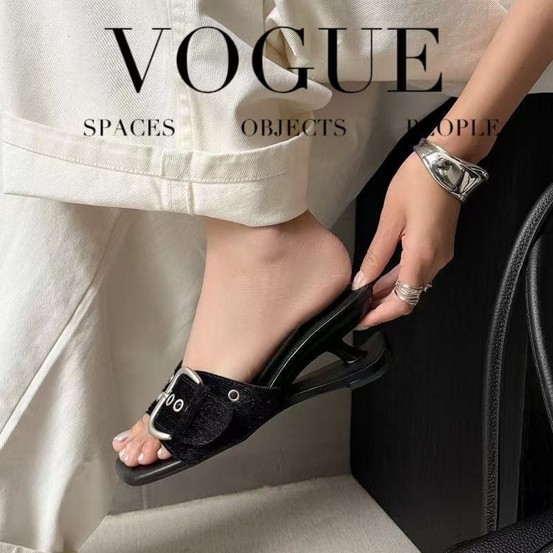 Women's Handcrafted Horsehair Buckle Slide Sandals, Square Toe Sculptural Heel Mules With Pigskin Lining & Sheepskin Insole 2