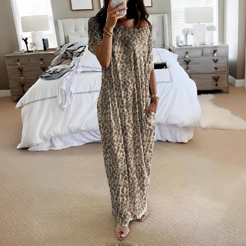 Off Shoulder Short Sleeve Pocket Loose Flowy Maxi Dress 7