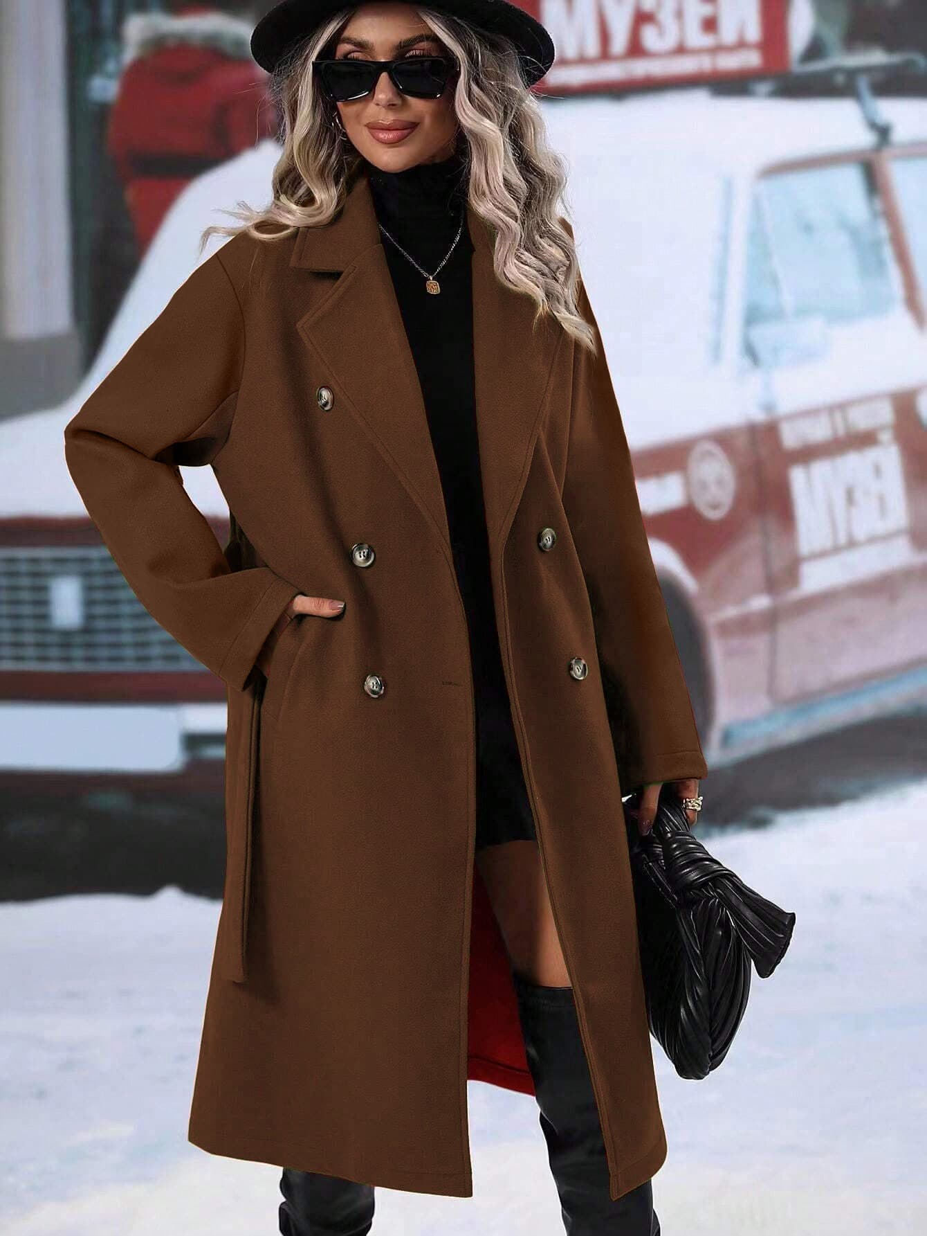 New Solid Color Lapel Thickened Woolen Coat, Long Double-breasted Jacket With Waist Tie For Spring 6
