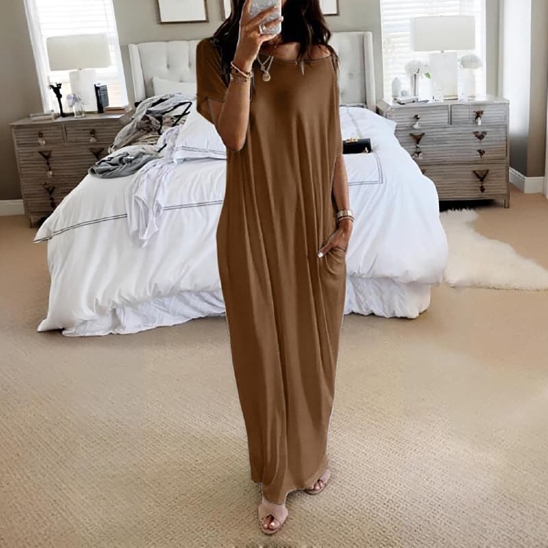 Off Shoulder Short Sleeve Pocket Loose Flowy Maxi Dress 4