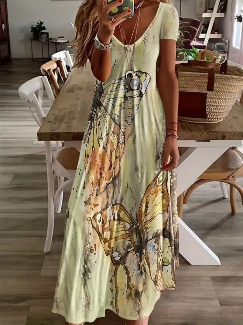 2026 Summer New Arrival, Slim Fit Short Sleeve Dress, Butterfly Print, Low-cut V-neck Camisole & Full Swing Long Skirt