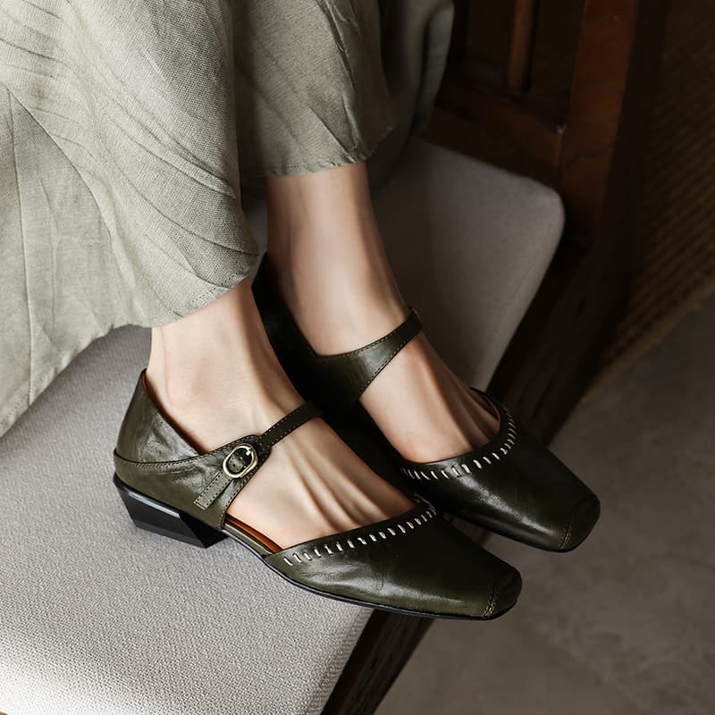 Women's Handcrafted Full-Grain Leather Mary Jane Flats, Square Toe Low Heel Shoes With Contrast Stitching 7