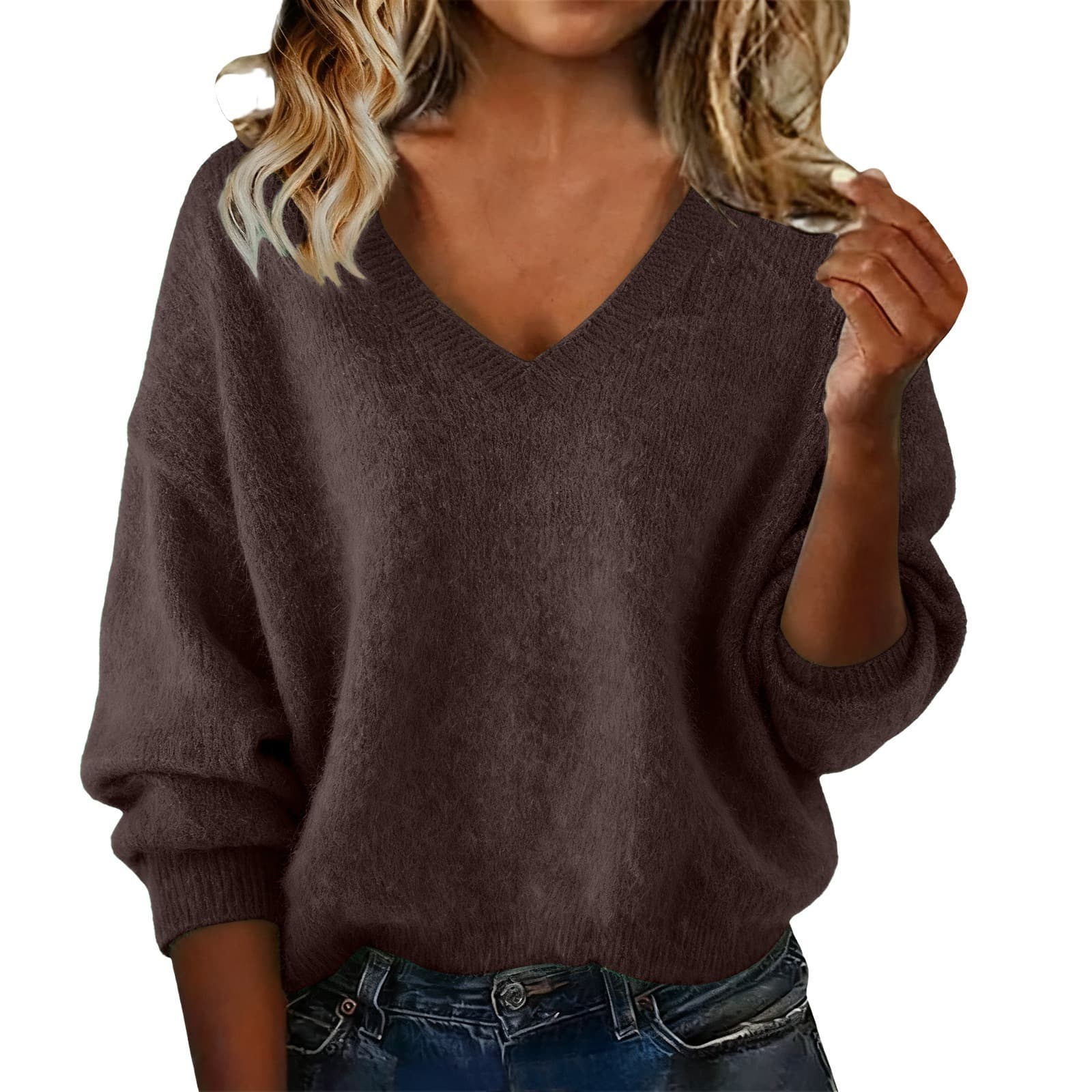 Women's New Autumn & Winter Solid Color V-neck Long Sleeve Knit Sweater, Loose Casual Tops 12