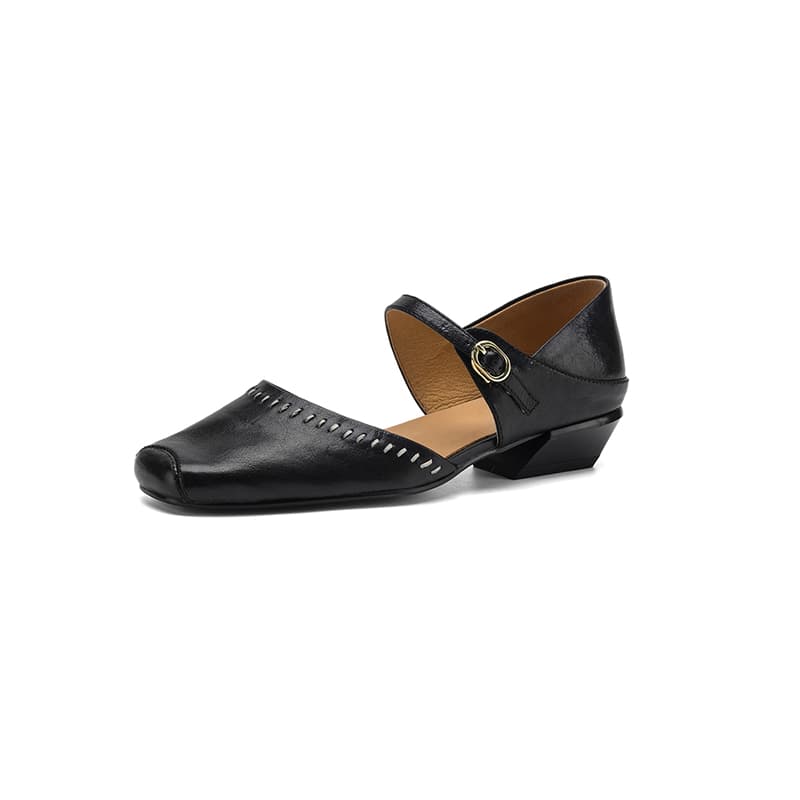 Women's Handcrafted Full-Grain Leather Mary Jane Flats, Square Toe Low Heel Shoes With Contrast Stitching 4