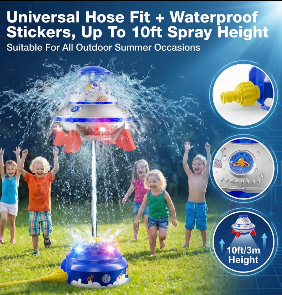 Kids UFO Rocket Water Sprinkler, Flying Saucer Water Launcher With Colorful LED Flashing Lights & DIY Stickers, Outdoor Summer Water Toy For Yard & Garden