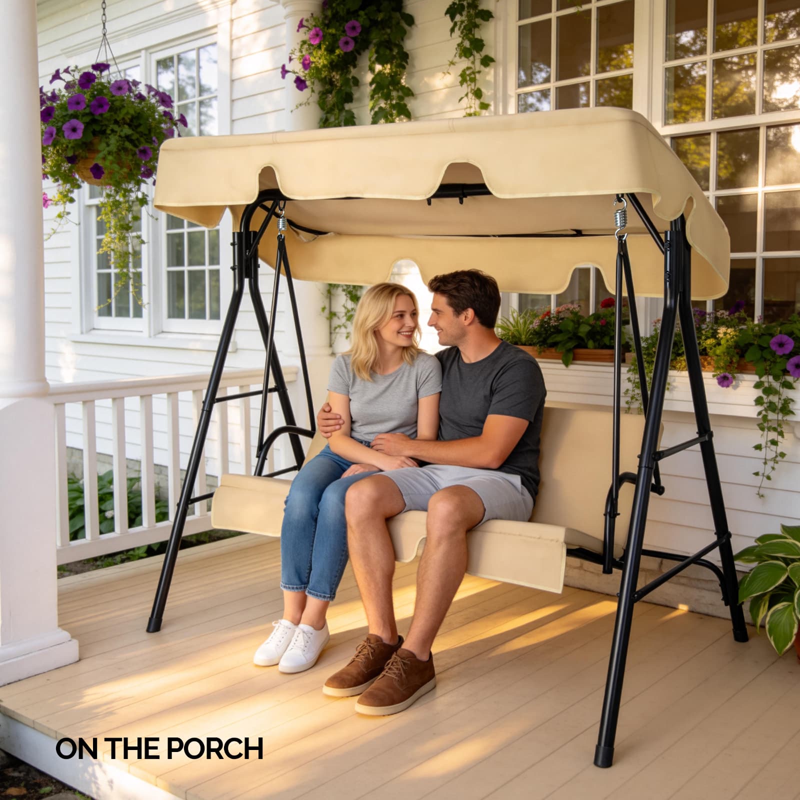 Outdoor Patio Swing Chair Set With Canopy, 3-Person Iron Frame Swing With Soft Cushions, 550lbs Capacity, Oxford Fabric, Khaki, Easy Assembly 2