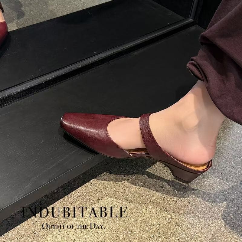 Women's Handmade Washed Leather Mary Jane Mules, Square Toe Mid Heel Slip-On Slides With Pigskin Lining 11