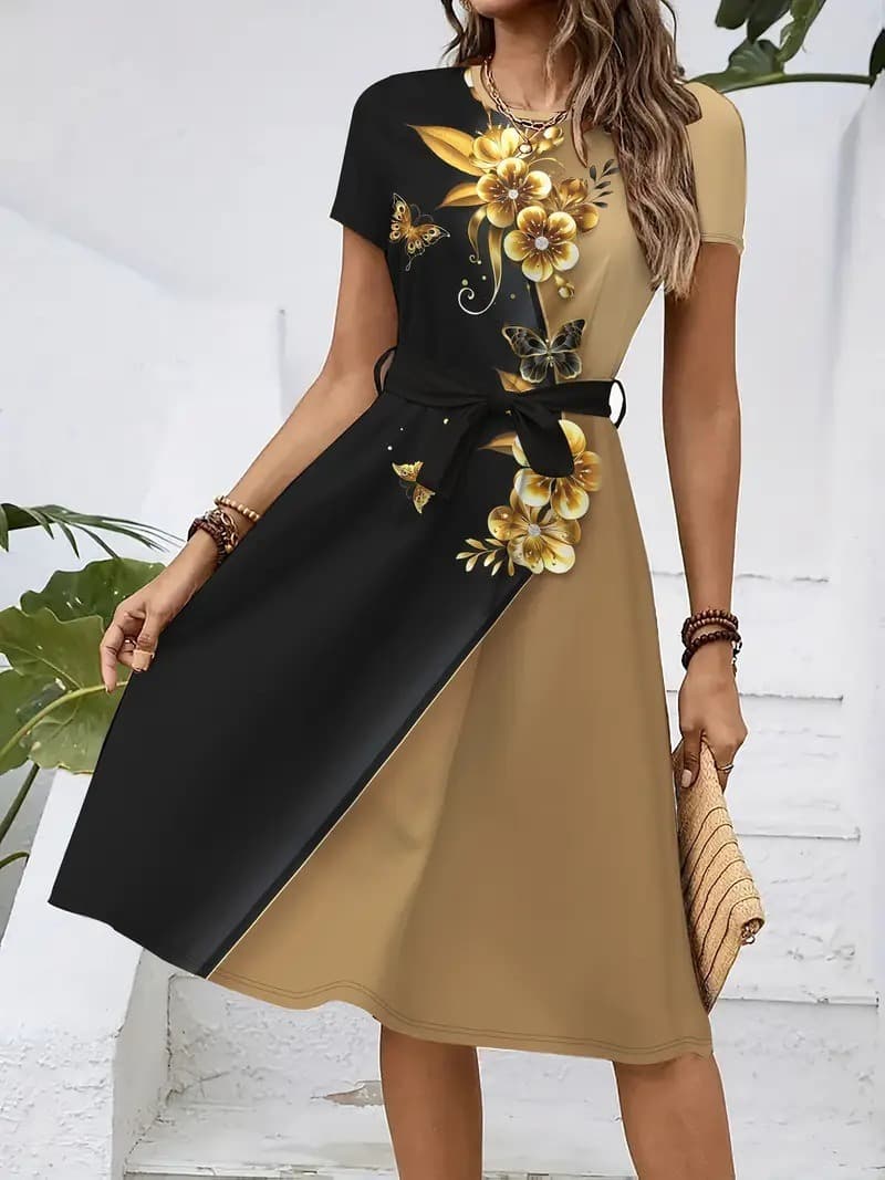 2026 New Women's Casual Printed Dress With Belt, Loose Fit 3