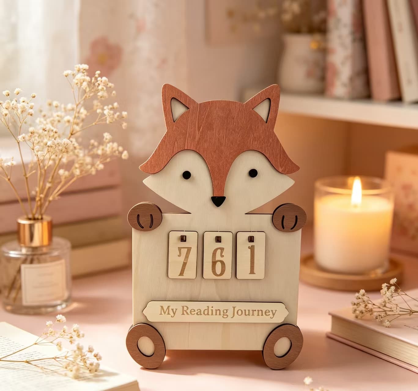 Wooden Animal Reading Tracker Calendar Bear Fox Lion Kids Reading Journey Counting Sign Nursery Decor