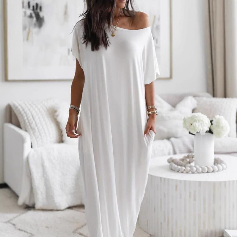 Off Shoulder Short Sleeve Pocket Loose Flowy Maxi Dress