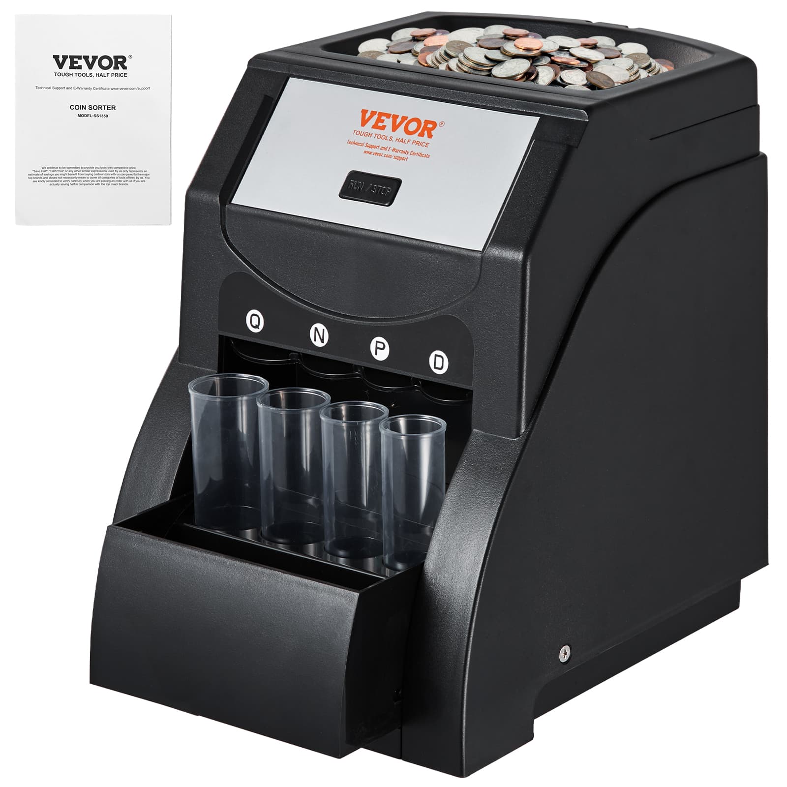 USD Coin Sorter, Coin Sorter Machine For USD Coin Sorts Up To 230 Coins Min, Coin Sorter And Wrapper Machine Holds 200 Coins Included 4 Coin Tubes, Black
