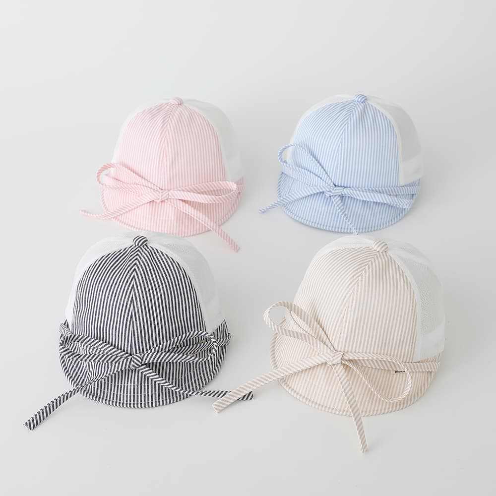 Summer Boys And Girls' Striped Netted Baseball Cap With Drawstring And Bow Design - A Fresh Style For Outdoor Activities And Sun Protection, Baby Hat For Boys And Girls