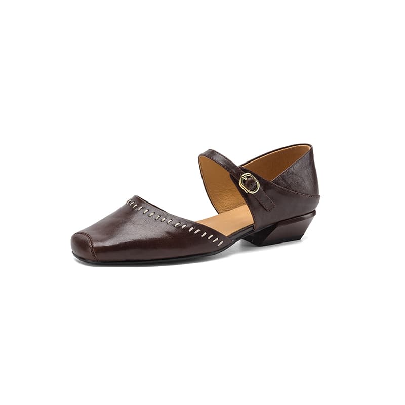 Women's Handcrafted Full-Grain Leather Mary Jane Flats, Square Toe Low Heel Shoes With Contrast Stitching 3