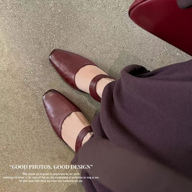 Women's Handmade Washed Leather Mary Jane Mules, Square Toe Mid Heel Slip-On Slides With Pigskin Lining 8