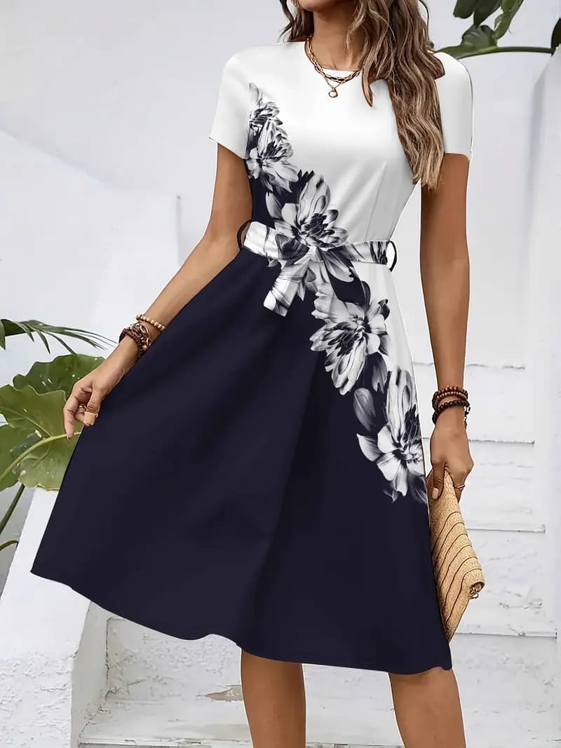 2026 New Women's Casual Printed Dress With Belt, Loose Fit