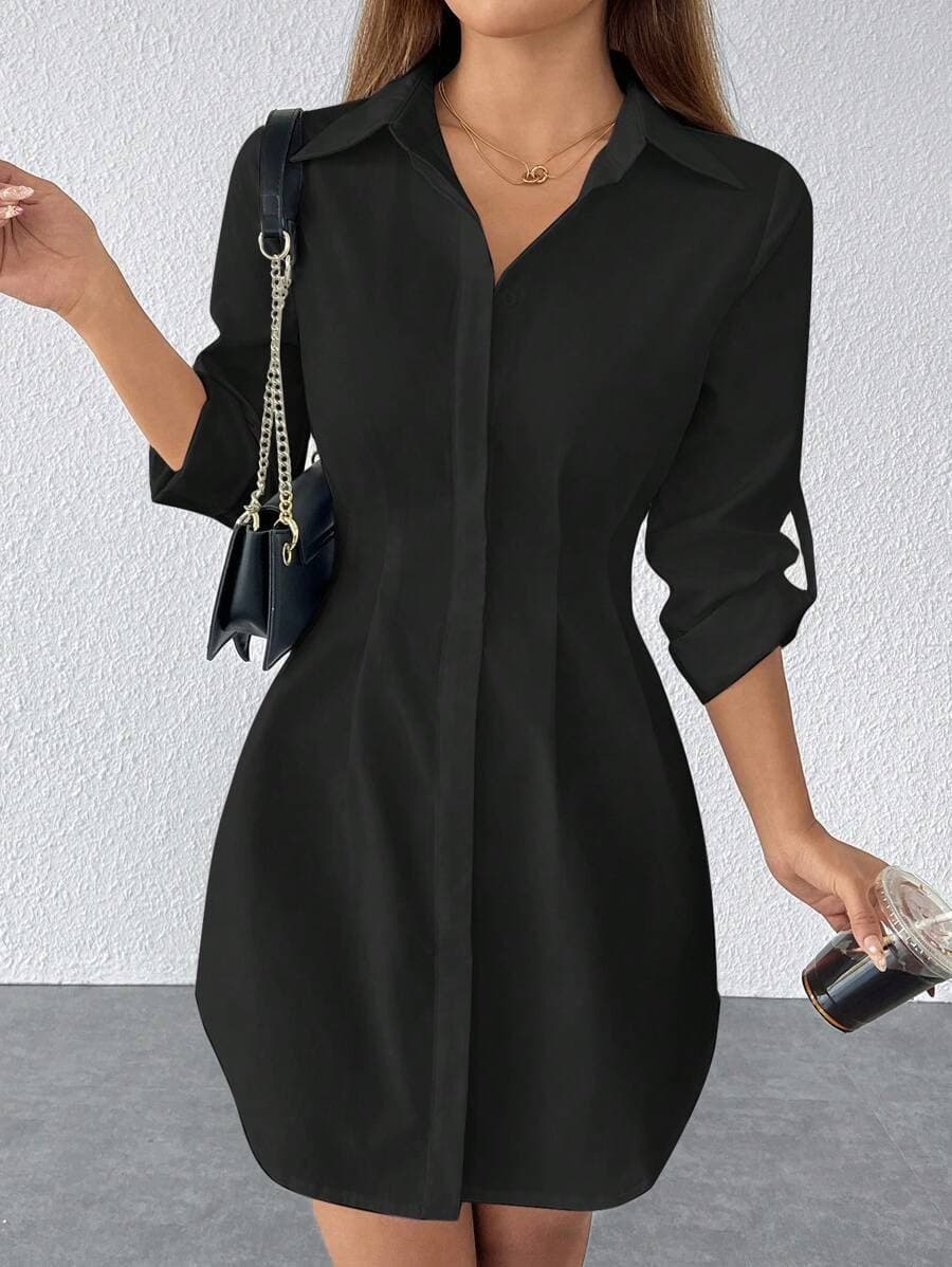 Collared Button Front Waist Cinched Long Sleeve Shirt Dress 2