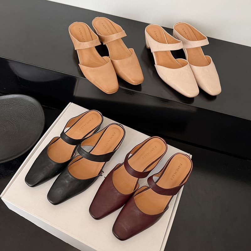 Women's Handmade Washed Leather Mary Jane Mules, Square Toe Mid Heel Slip-On Slides With Pigskin Lining 5