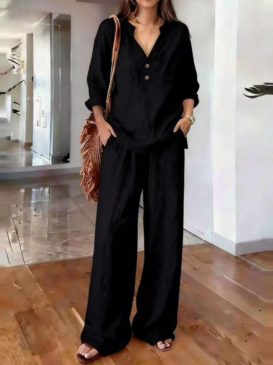 V Neck 2 Button Long Sleeve Top & Wide Leg Pants Two Piece Loungewear Set 3