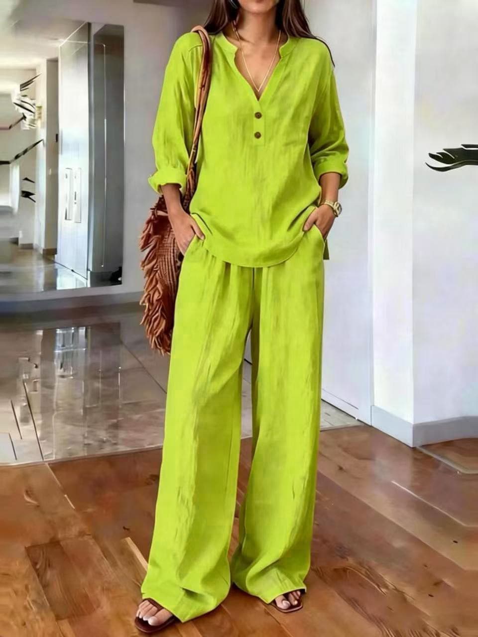 V Neck 2 Button Long Sleeve Top & Wide Leg Pants Two Piece Loungewear Set 8
