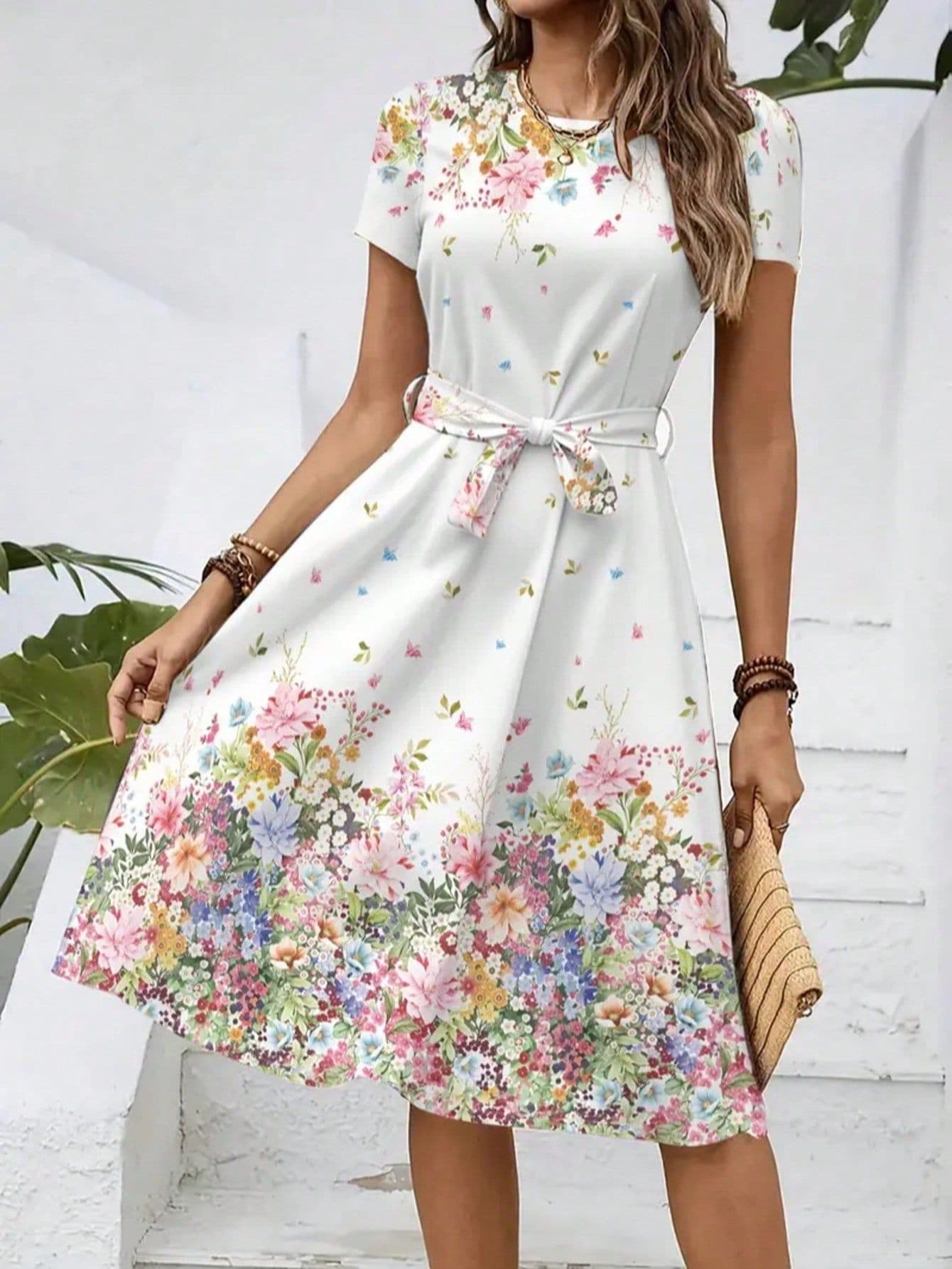 2026 New Women's Casual Printed Dress With Belt, Loose Fit 6