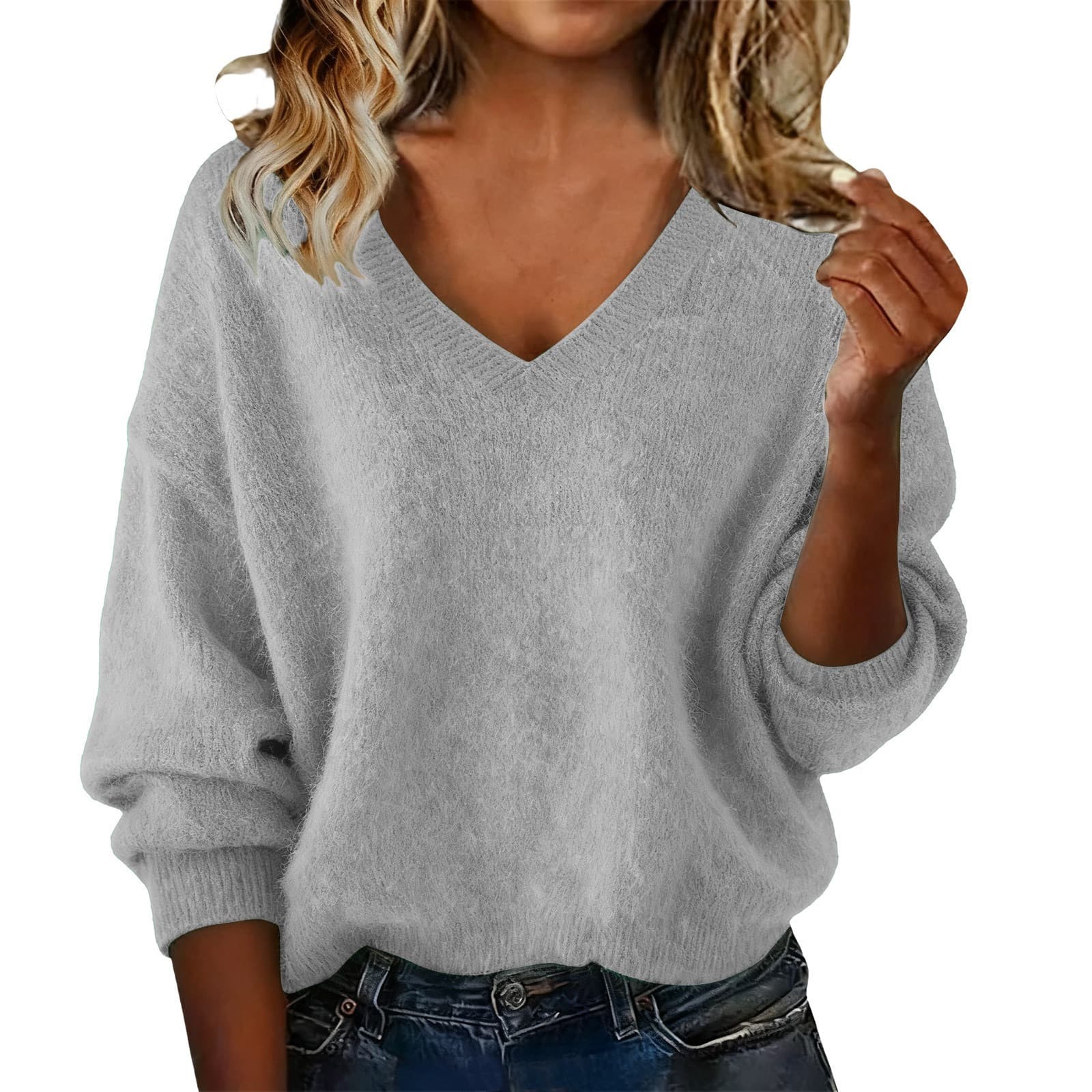Women's New Autumn & Winter Solid Color V-neck Long Sleeve Knit Sweater, Loose Casual Tops 10