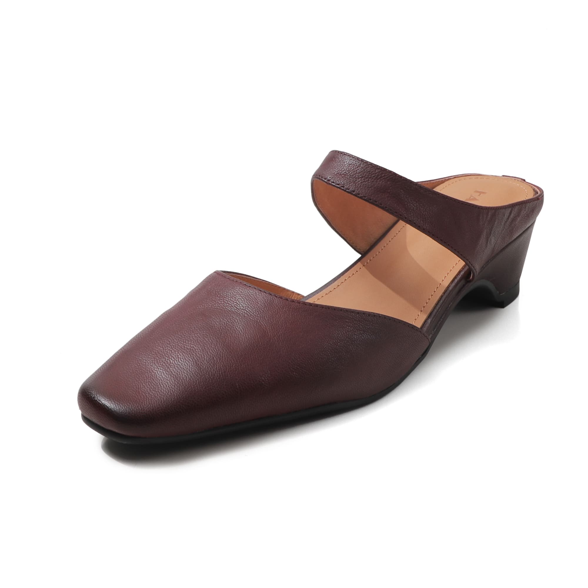 Women's Handmade Washed Leather Mary Jane Mules, Square Toe Mid Heel Slip-On Slides With Pigskin Lining 7