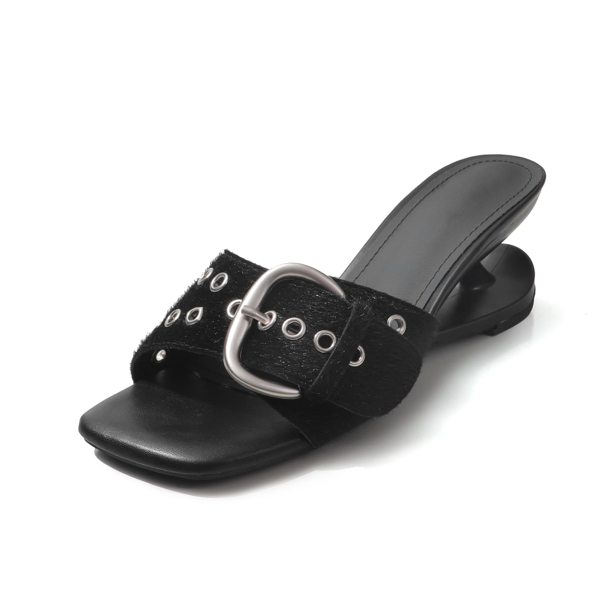Women's Handcrafted Horsehair Buckle Slide Sandals, Square Toe Sculptural Heel Mules With Pigskin Lining & Sheepskin Insole 10