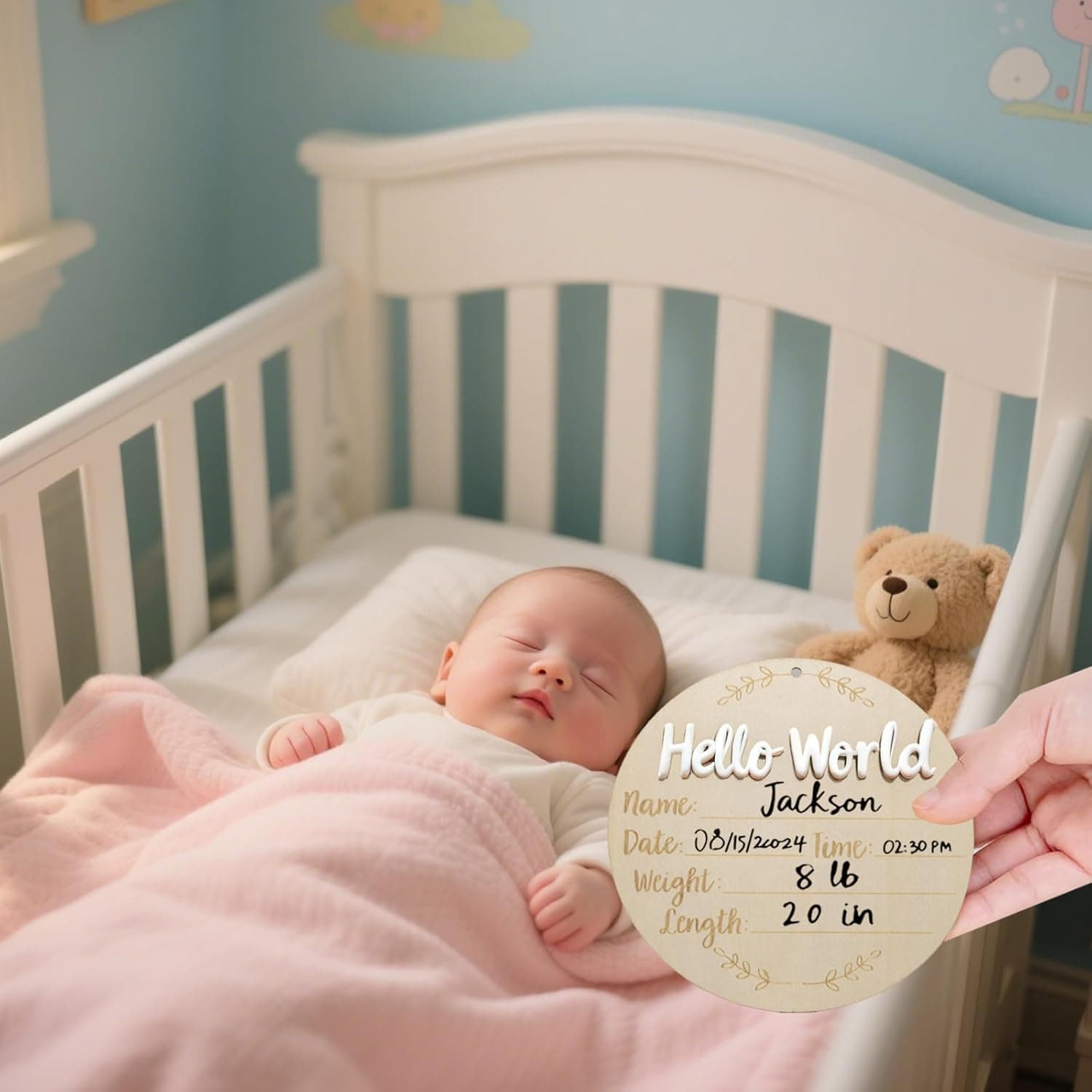 Wooden Hello World Birth Announcement Sign, Newborn Baby Footprint Milestone Photo Prop, Birth Info Name Date Weight Height Wooden Plaque