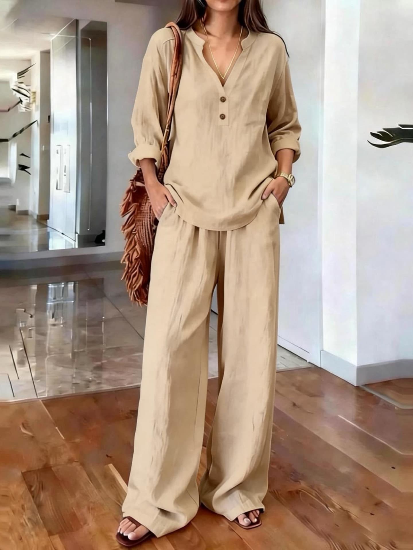V Neck 2 Button Long Sleeve Top & Wide Leg Pants Two Piece Loungewear Set 6