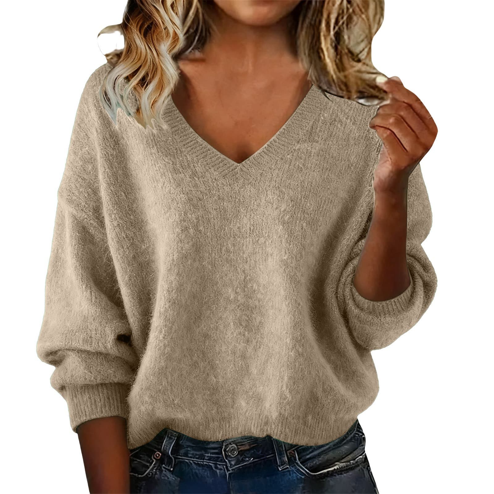 Women's New Autumn & Winter Solid Color V-neck Long Sleeve Knit Sweater, Loose Casual Tops 8